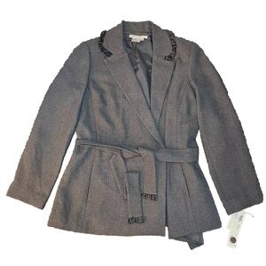 NWT Maggy‎ London Belted Snap Button Blazer/Jacket Fray Collar Gray Size: 12